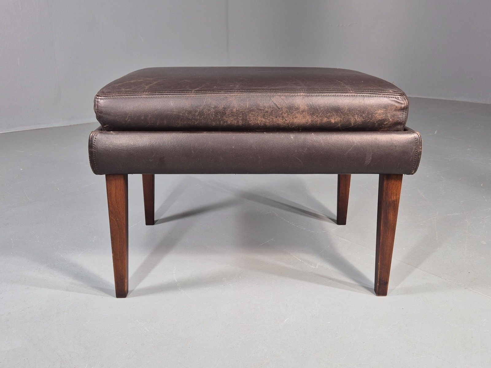 Vintage Mid Century Footstool Danish 1960s Retro Brown Leather Eb12225 photo furniture