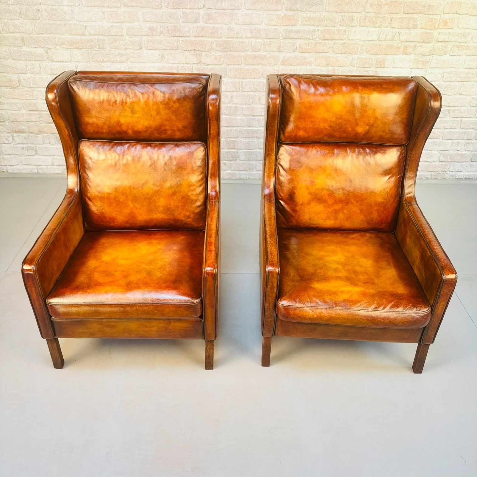 Pair Vintage Danish Wingback Chairs & Footstool Tan Leather Lounge Set photo 2420.0