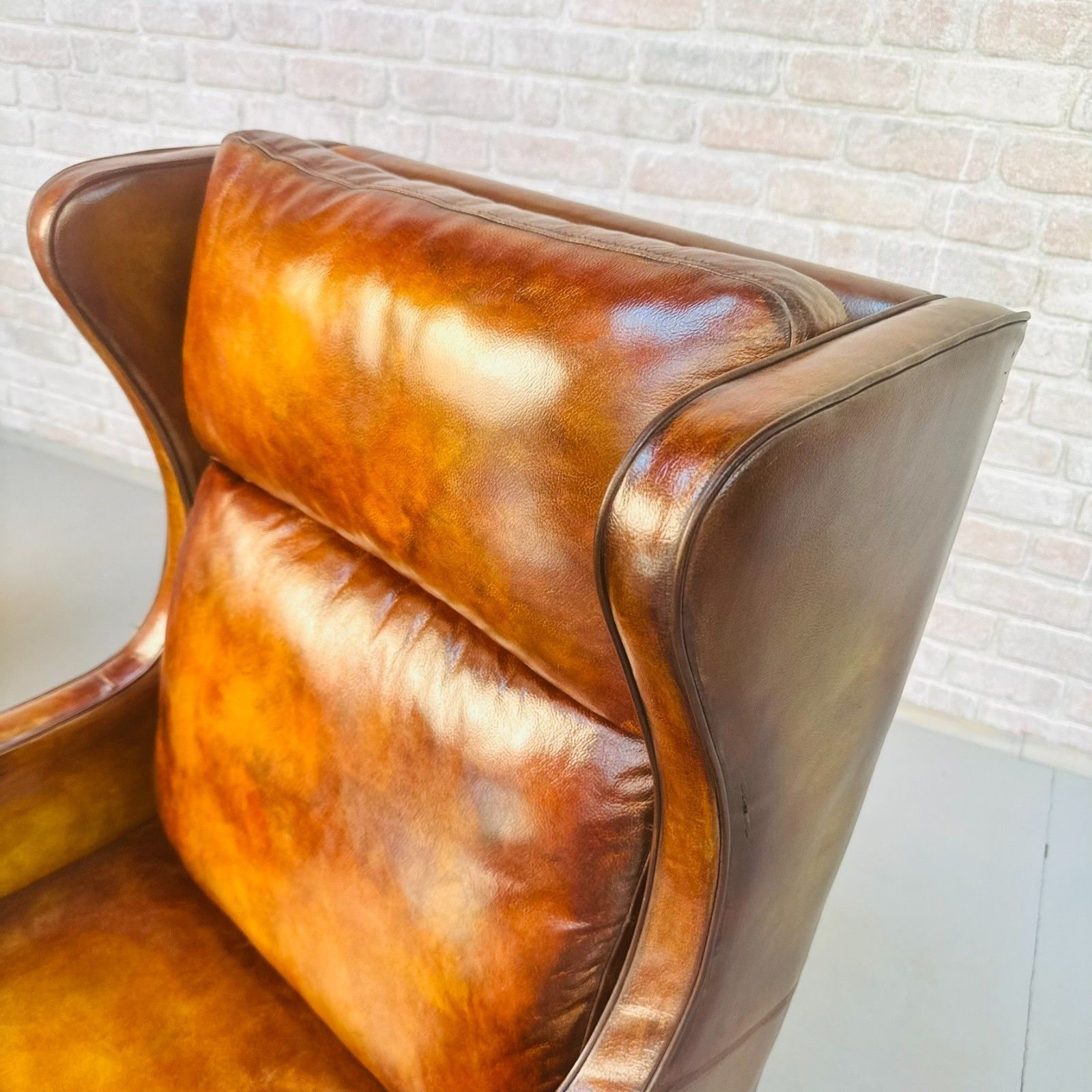 Furniture Pair Vintage Danish Wingback Chairs & Footstool Tan Leather Lounge Set photo