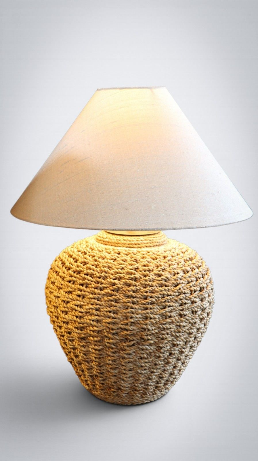 Stunning Pair Large Lombok Natural Rattan Woven Table Lamps Pure Silk Shades photo for sale