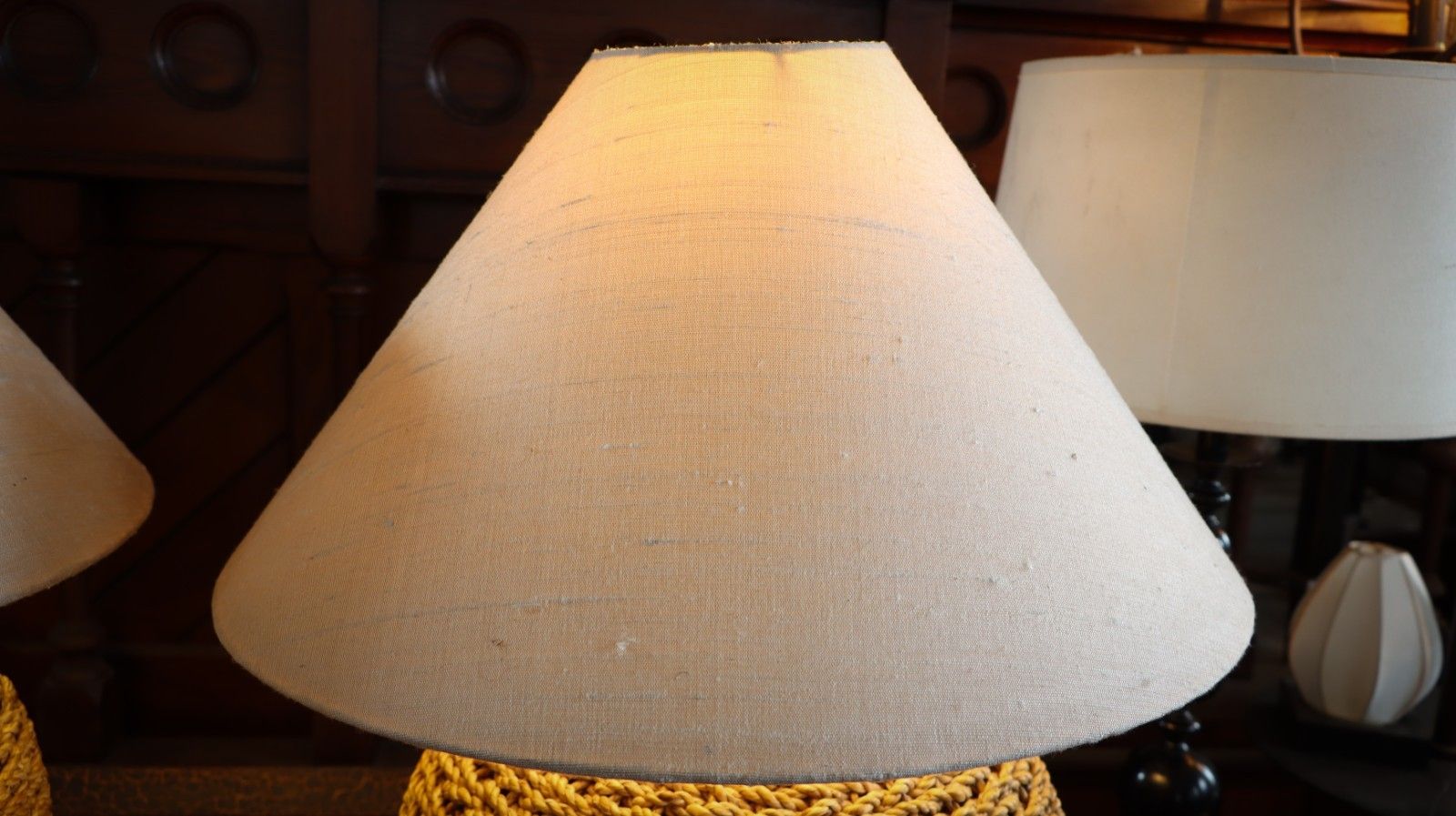 Stunning Pair Large Lombok Natural Rattan Woven Table Lamps Pure Silk Shades photo buy