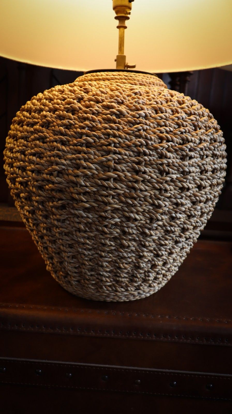 photo furniture Stunning Pair Large Lombok Natural Rattan Woven Table Lamps Pure Silk Shades