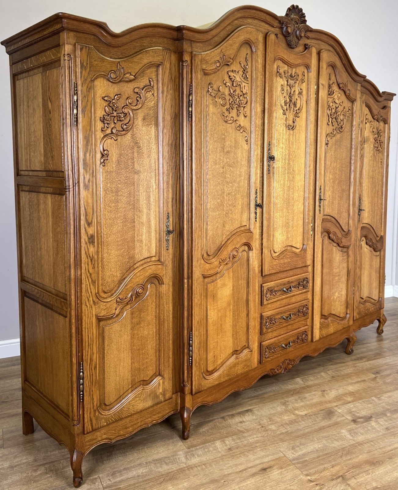 Wardrobe Vintage French Louis XVI Style Five Door Oak Carved Armoire Lot 6125 photo for sale