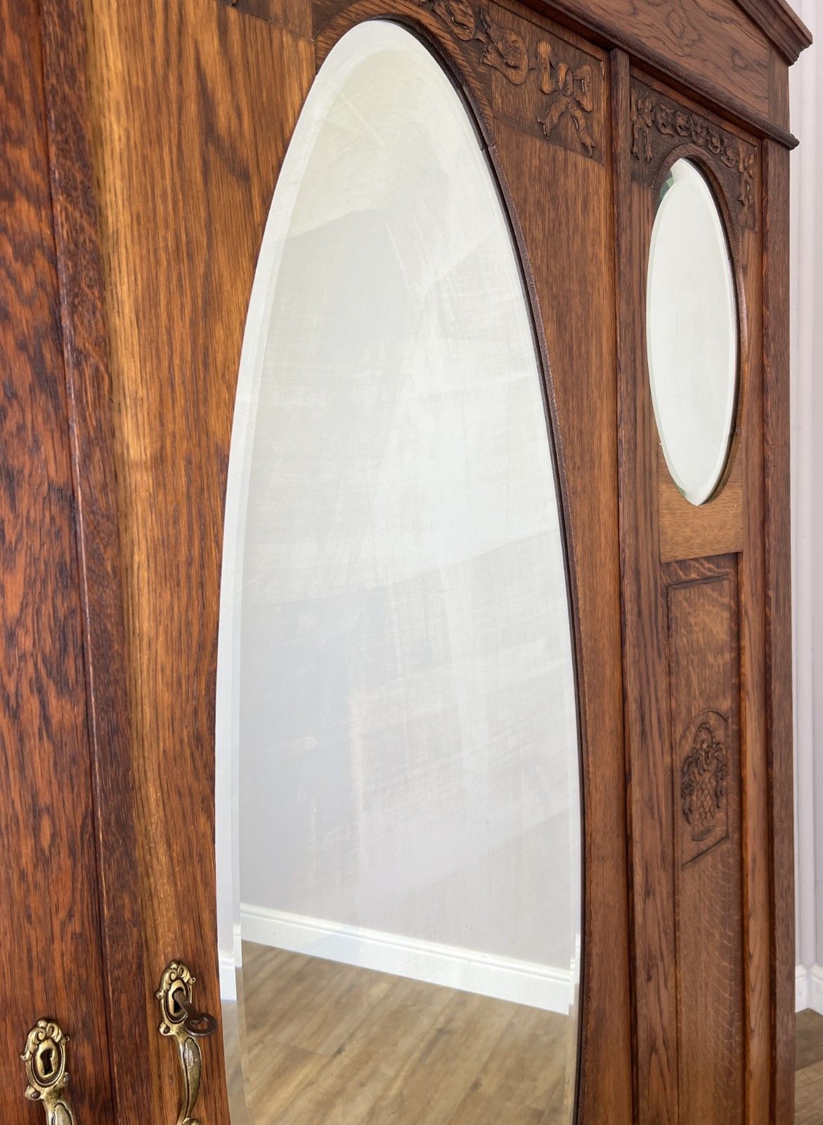 photo for sale Wardrobe Antique French Oak Two Door Mirrored Carved Armoire Cabinet Lot 6123