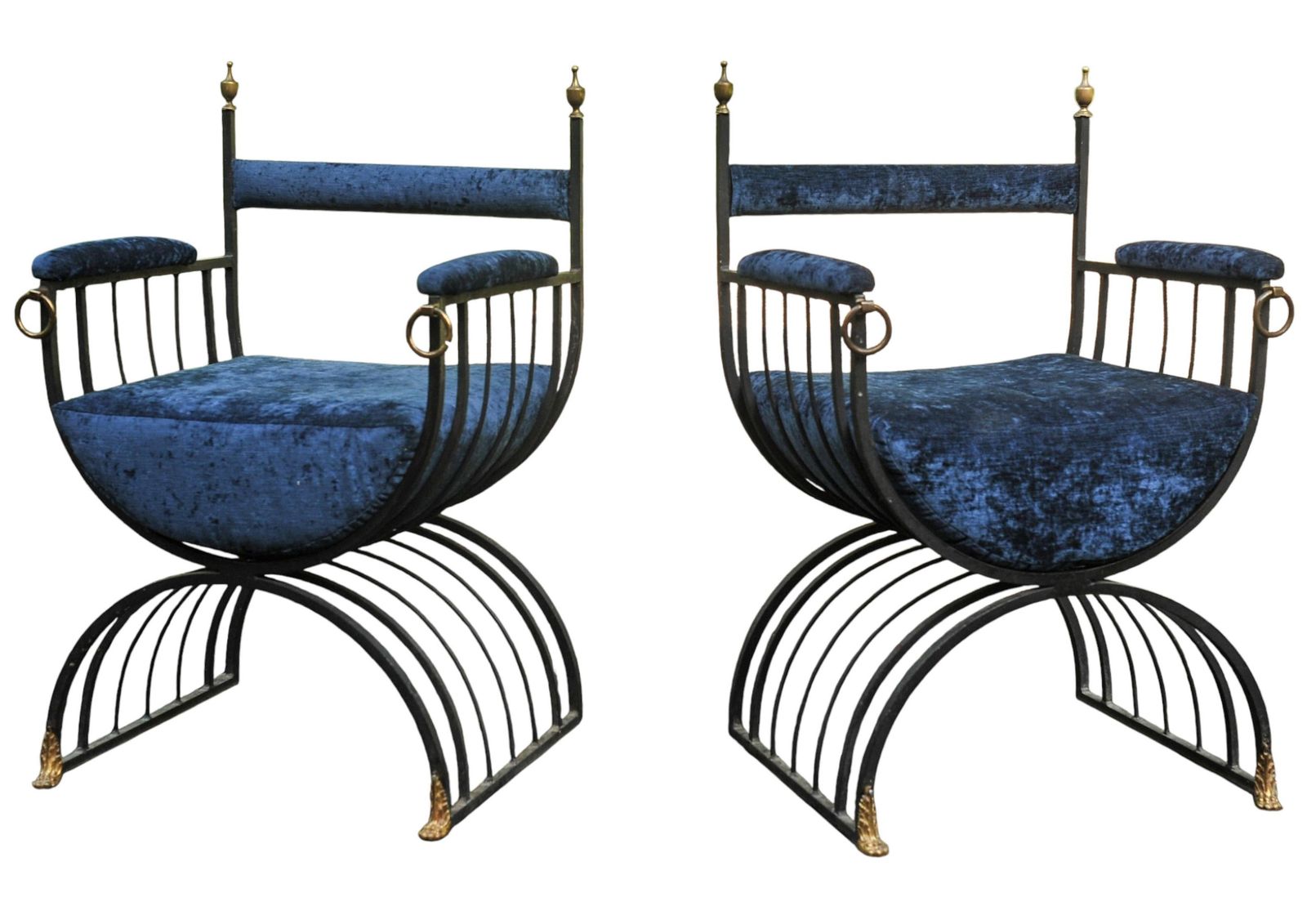 Pair Of Mid Century Savonarola Chairs With Blue Velvet Upholstery