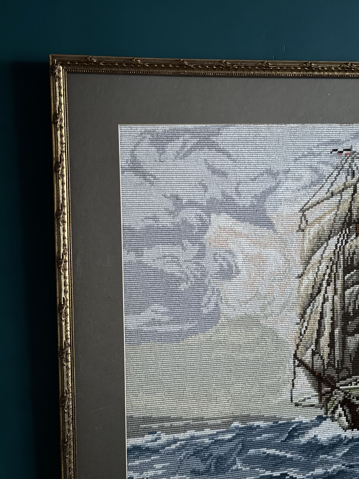 Large Vintage Wiehler Gobelin Tapestry "On High Seas" – Professionally Framed Mid Century Maritime Artwork photo Art