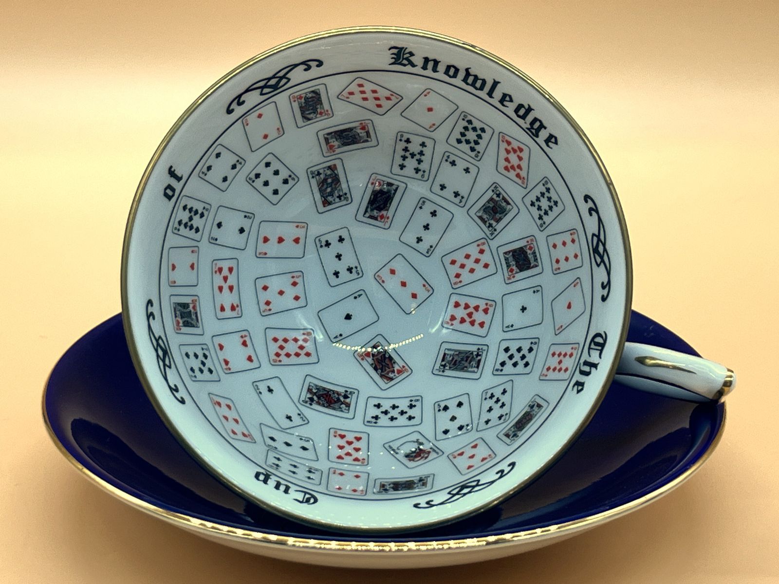 Aynsley China Athens Shape "The Cup Of Knowledge" Fortune Telling Dark Blue Tea Cup & Saucer Duo. New And Unused.