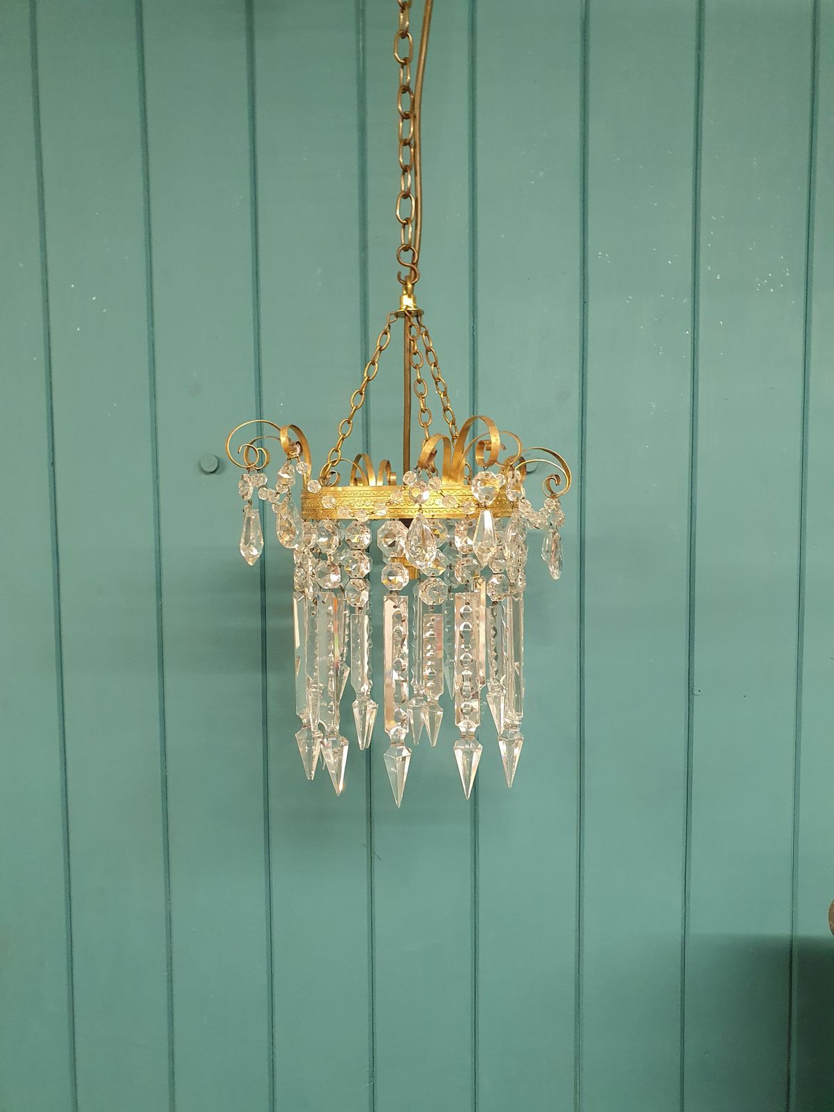 Antique Brass & Cut Glass Spike Chandelier 12"