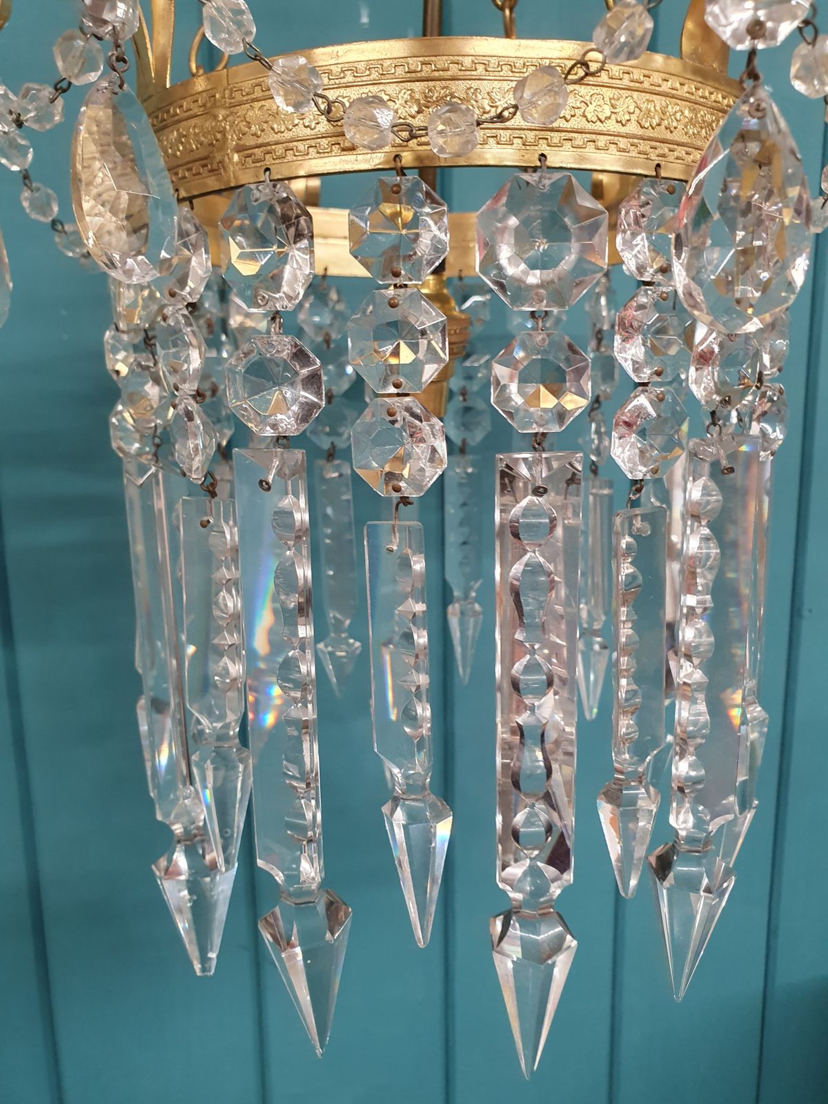 Antique Brass & Cut Glass Spike Chandelier 12" photo Lighting