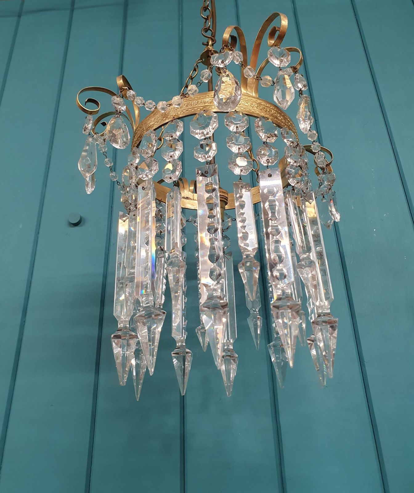 Antique Brass & Cut Glass Spike Chandelier 12" photo vinterior