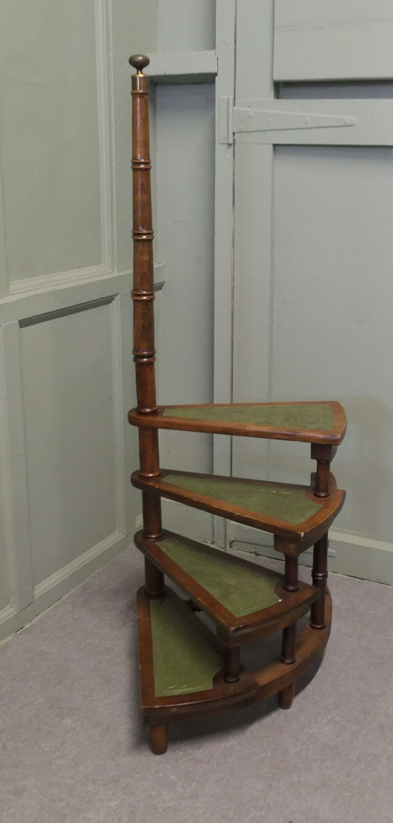 Spiral Library Steps With Tooled Green Leather Treads A Good Set Of French Library Steps, photo for sale