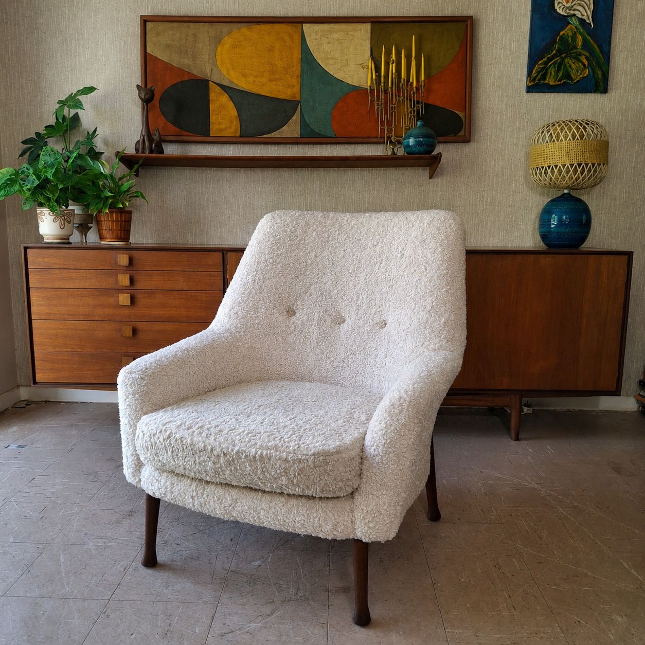 Fab Vintage Mcm 1960s Guy Rogers Frisco Bay Armchair Blush & Cafe Au Lait Boucle