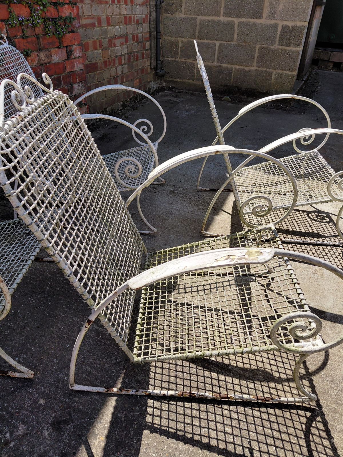 photo for sale Rare Set Of Two Antique Wirework Garden Chairs With Cushions, Circa 1920s