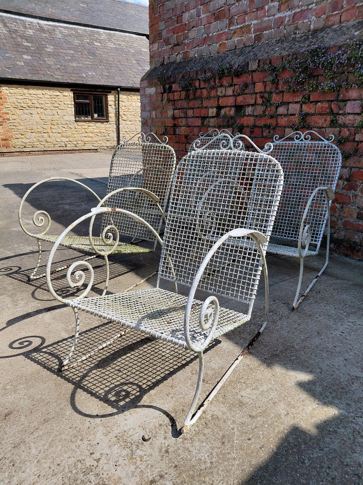 Rare Set Of Two Antique Wirework Garden Chairs With Cushions, Circa 1920s