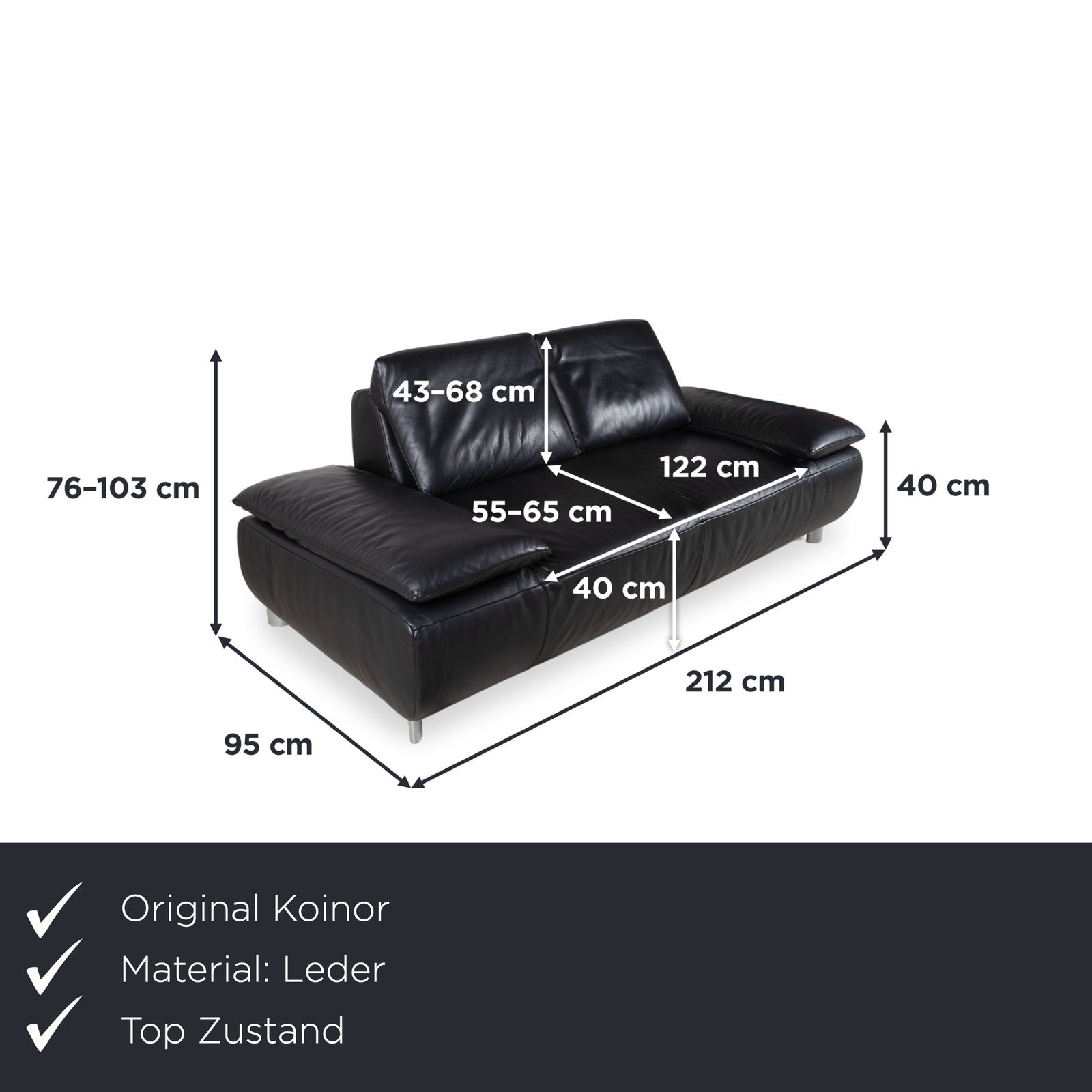 Canapé 2 places Koinor Volare en cuir noir, fonction manuelle photo furniture