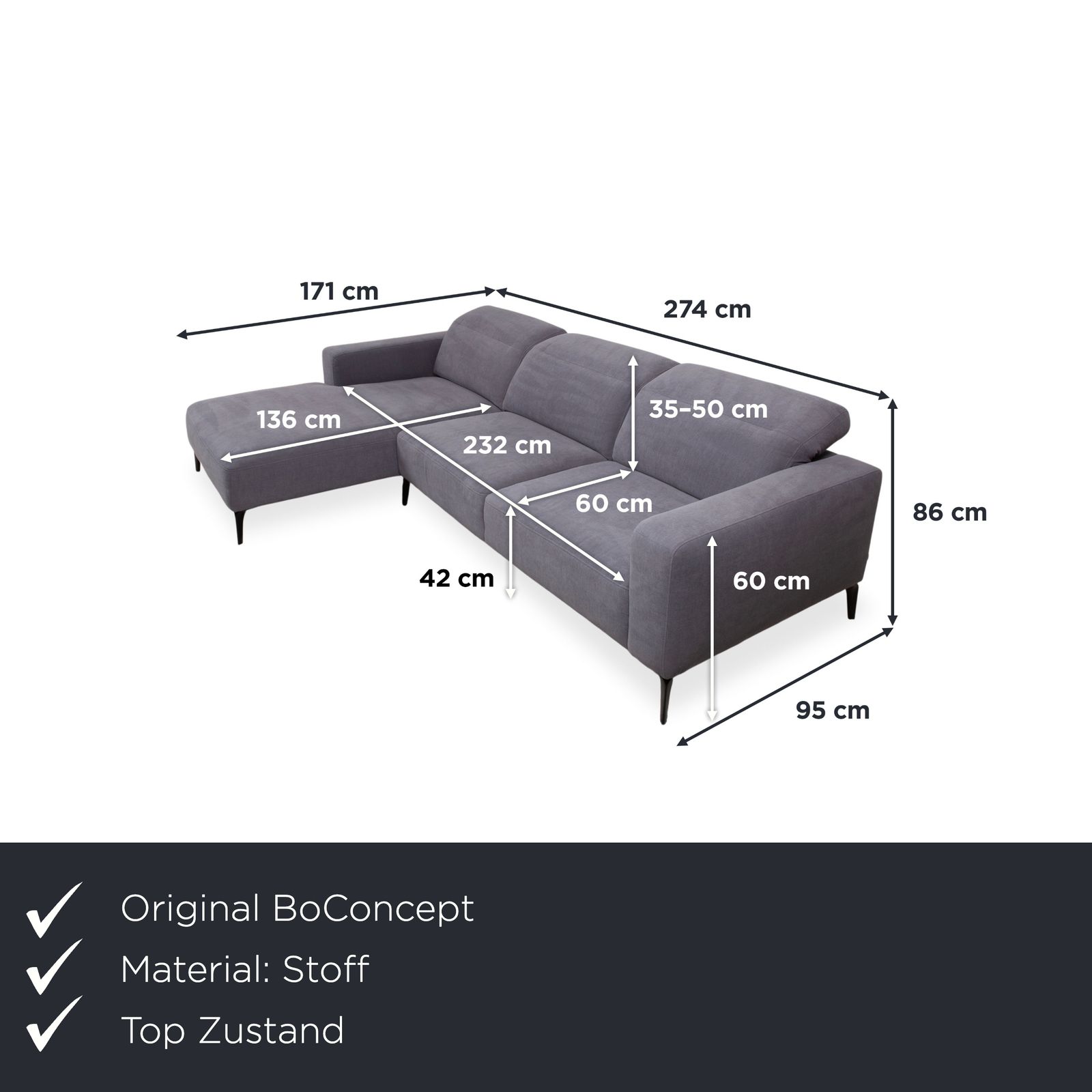 Canapé d'angle BoConcept Zurich en tissu, gris photo furniture