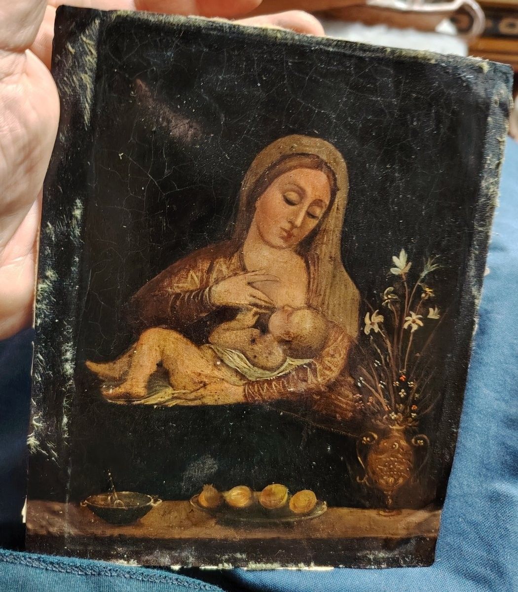 Antique Painting Madonna Del Latte Painted On Copper From The 18th Century (Italy) photo Art