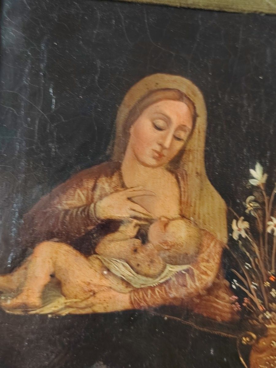Antique Painting Madonna Del Latte Painted On Copper From The 18th Century (Italy) photo vintage
