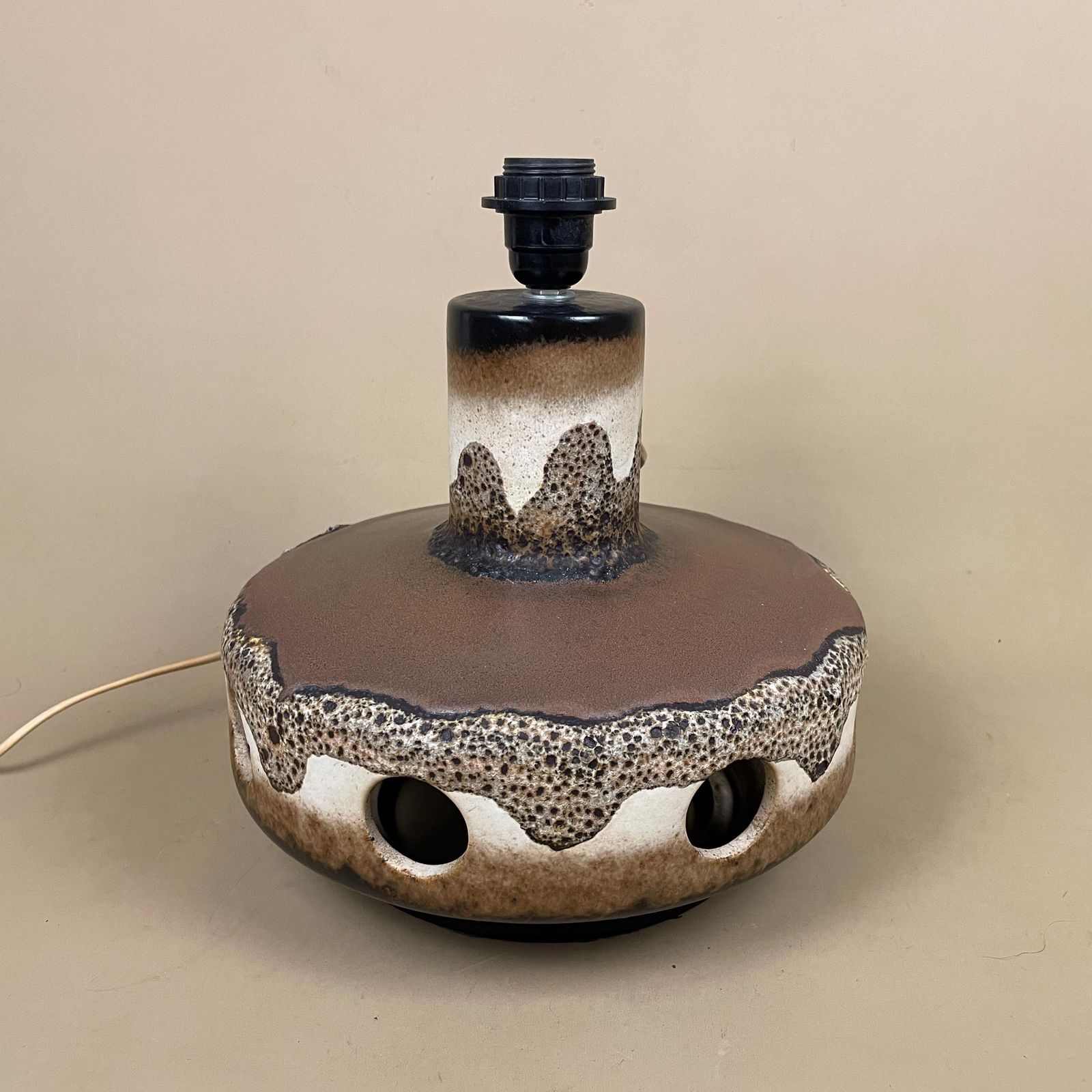Large Ceramic Patterned Brown Studio Pottery Lamp Bedside Table Light Vase Retro Cottage Natural Antique Pattern Handmade Dripped Glaze photo vintage