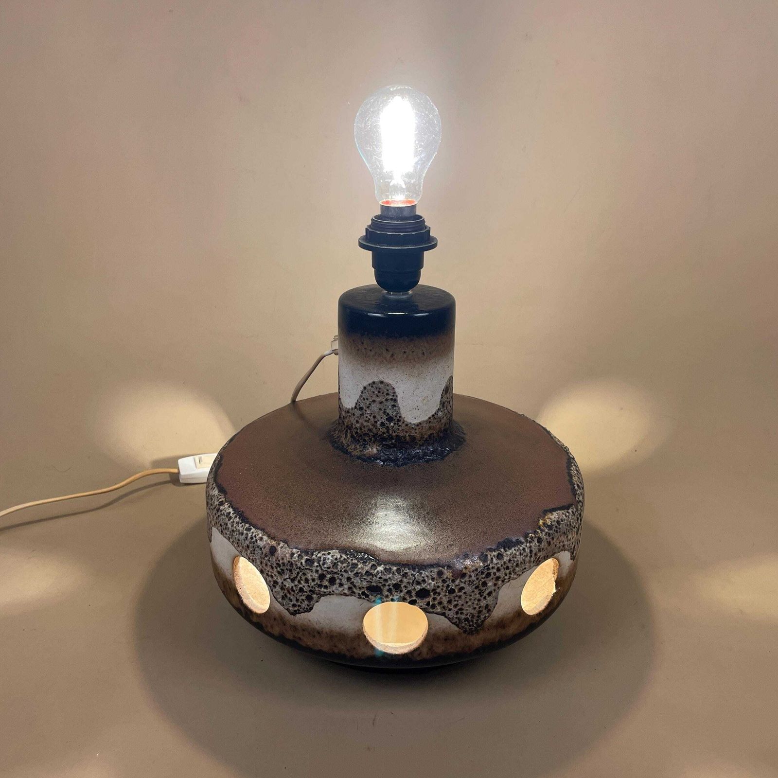photo buy Large Ceramic Patterned Brown Studio Pottery Lamp Bedside Table Light Vase Retro Cottage Natural Antique Pattern Handmade Dripped Glaze