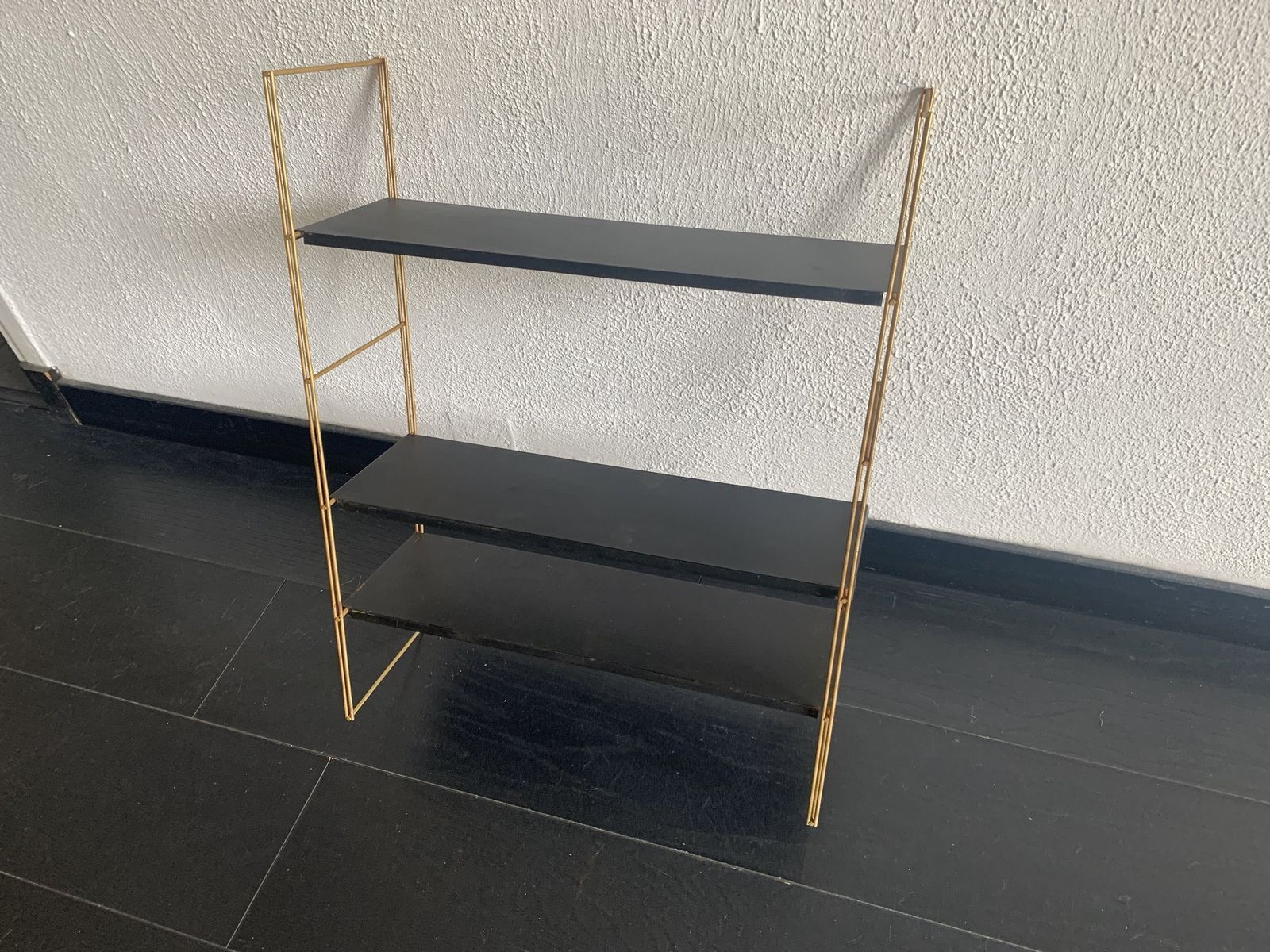 Vintage 1960s String Wall Shelf, Black And Gold   60 X 48 Cm photo furniture