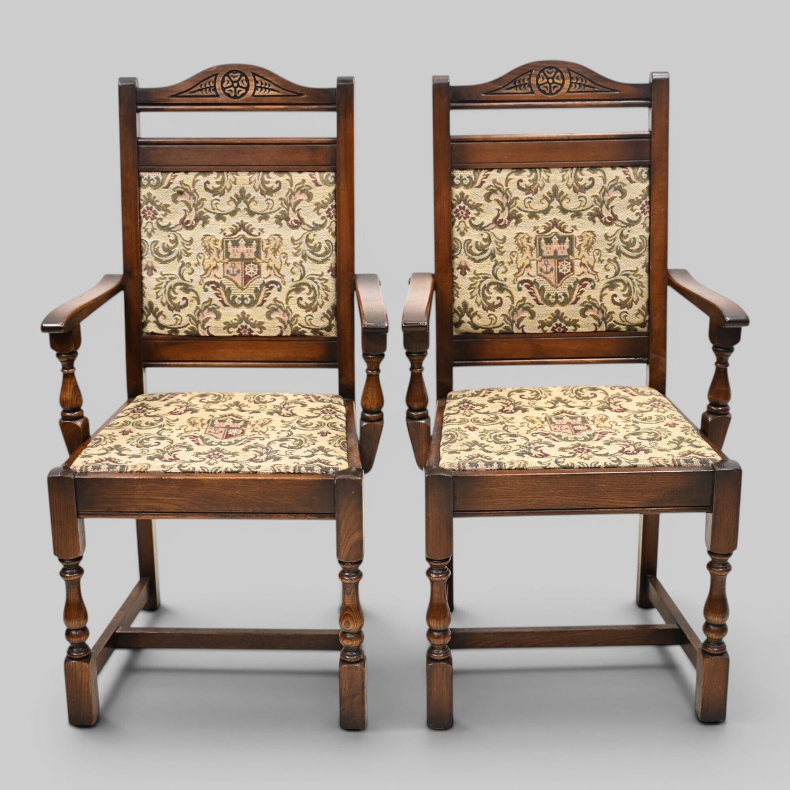 2 Old Charm Dining Chairs Carvers Light Oak Finish Tudor Fabric Free Uk Delivery