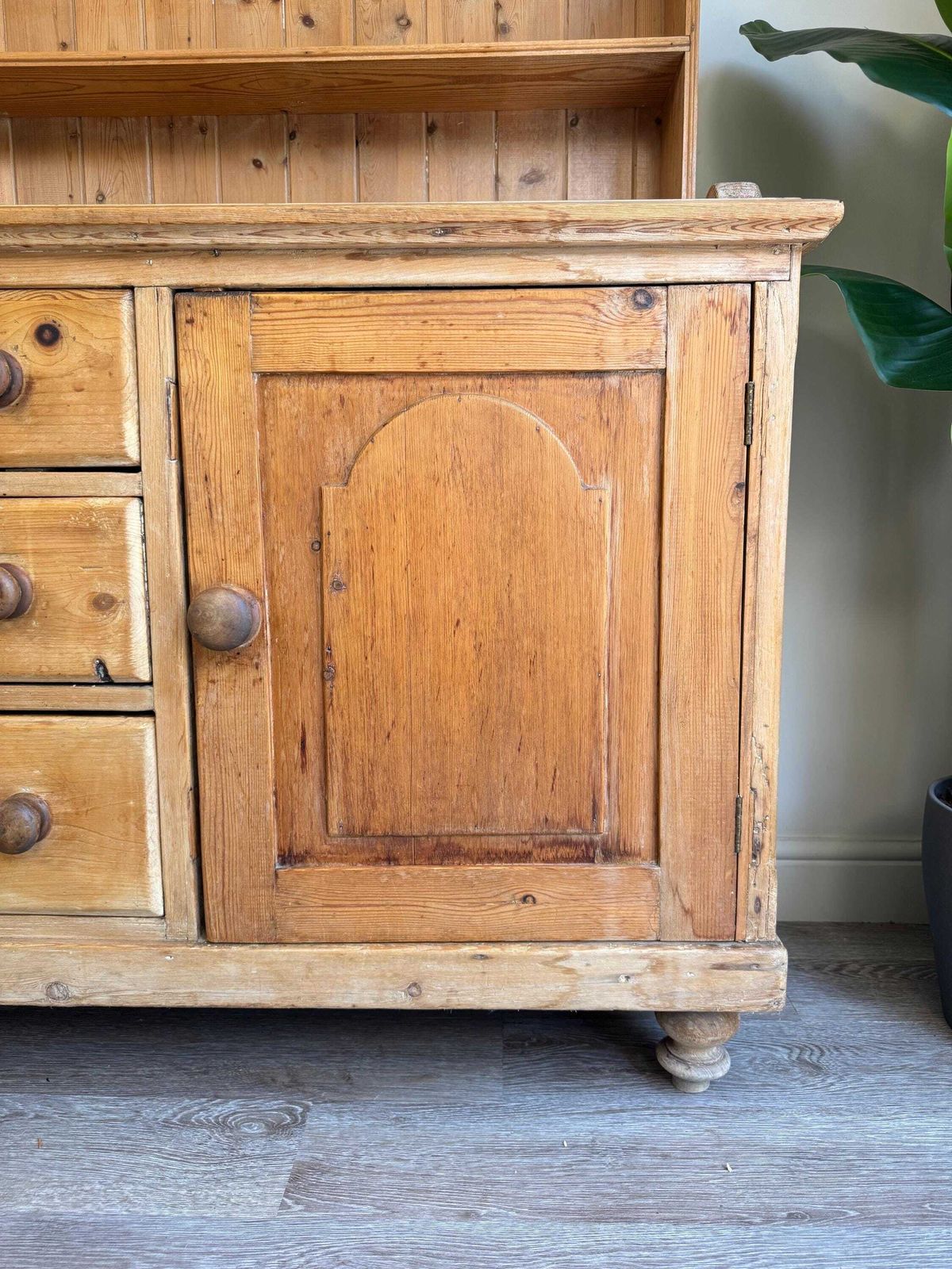 Furniture Antique Pine Dresser Sideboard With Shelving And Drawers – Rustic Farmhouse Cabinet photo