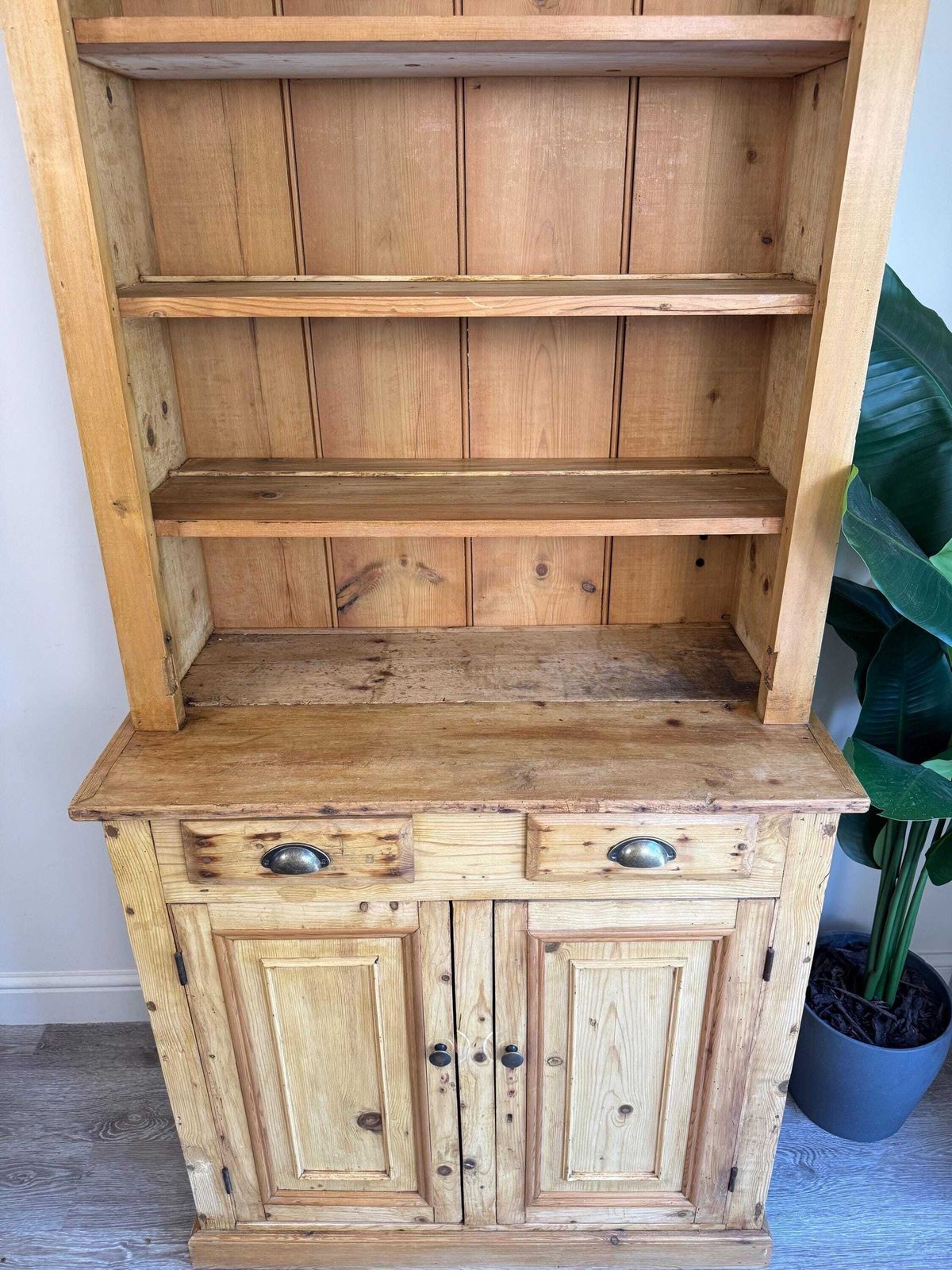 Antique Pine Dresser Sideboard With Shelving And Drawers – Rustic Farmhouse Cabinet Pantry photo for sale