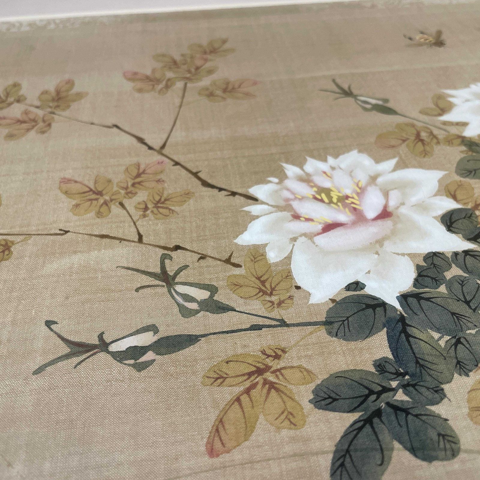 Asian Floral Bee Framed Art Picture Hand Painted On Silk Vintage Gold Frame Wall Hanging Japanese Style photo Art