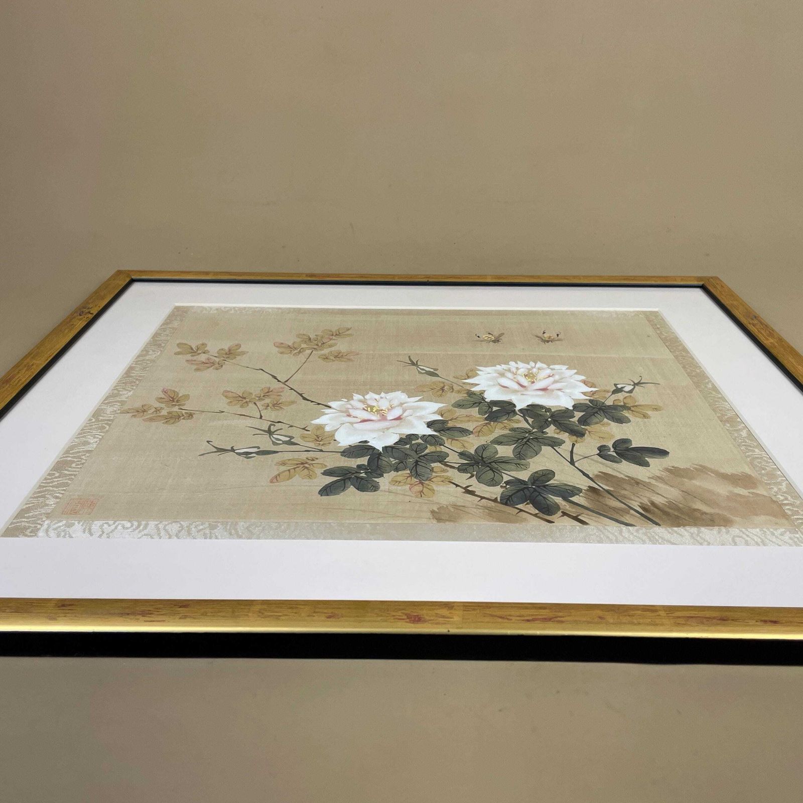 Art Asian Floral Bee Framed Art Picture Hand Painted On Silk Vintage Gold Frame Wall Hanging Japanese Style photo