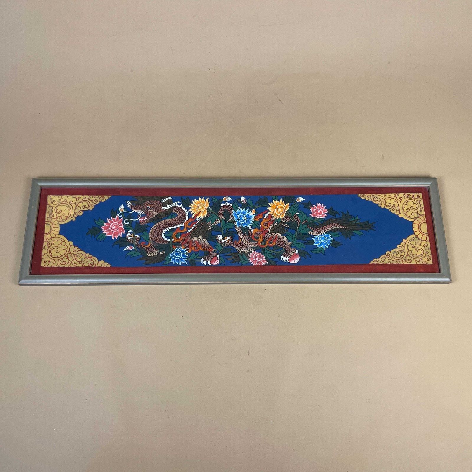 Hand Painted Dragon Picture Framed Paper Asian Wall Decor Blue Floral Chinese Style Oriental Art Artwork
