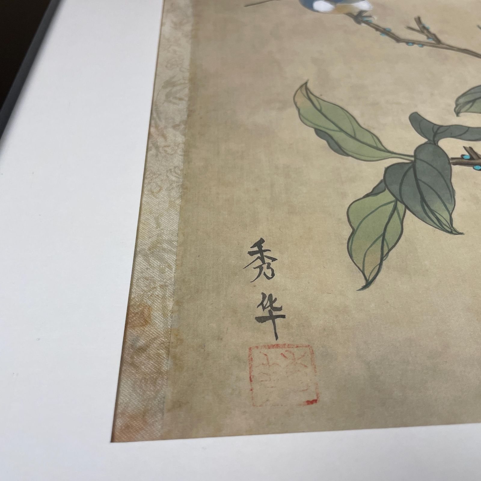 Silk Oriental Bird Picture Peach Blossom Wall Art Black Frame Vintage Asian Style Framed photo for sale