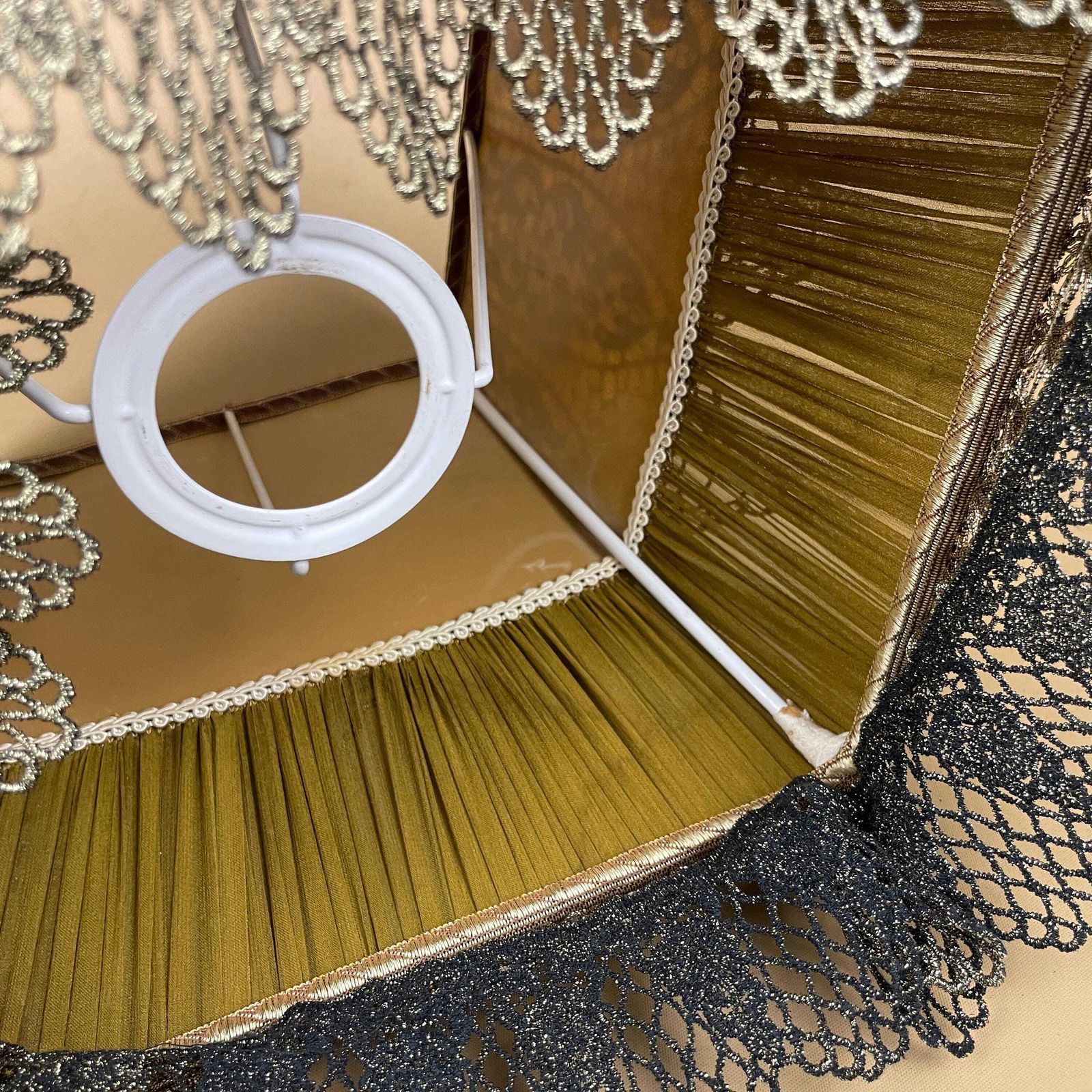 Silk Lampshade Vintage Pleated Table Lamp Shade Green Gold Lace Trim Diamond Shape Decorative Victorian Revival Handmade Shade photo 85.0