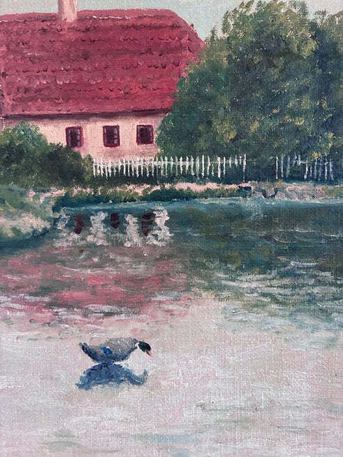 Vintage landschap olieverfchilderij, gesigneerd — boerenerfkunst photo for sale