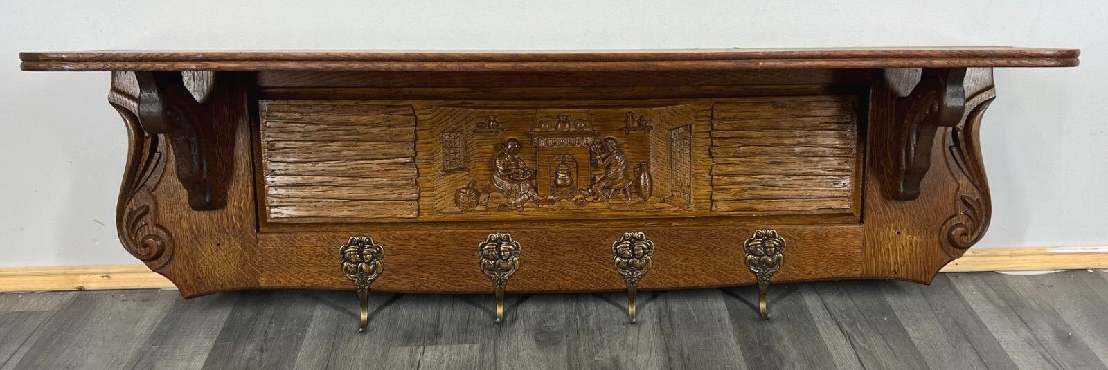 Coat Rack Antique French Carved Oak Wall Mounted 4 Hook Rack Hanger Lot 3108 photo furniture