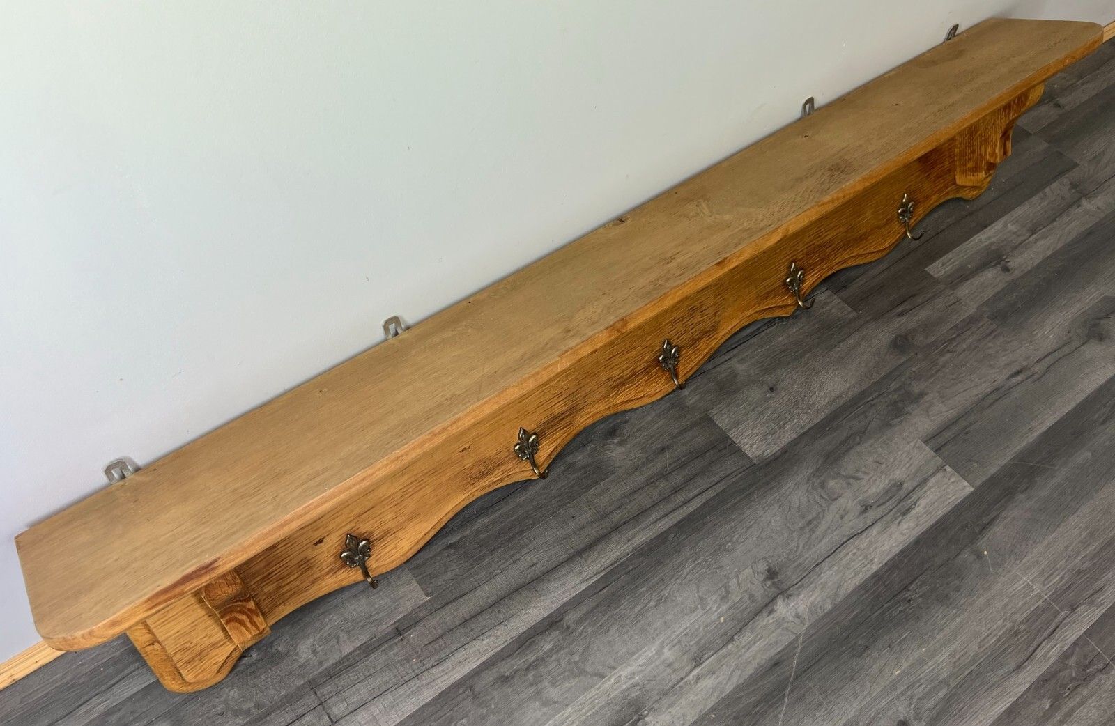 Coat Rack Antique French Oak Wall Mounted 5 Hook Plate Rack Hanger Lot 3177 photo for sale