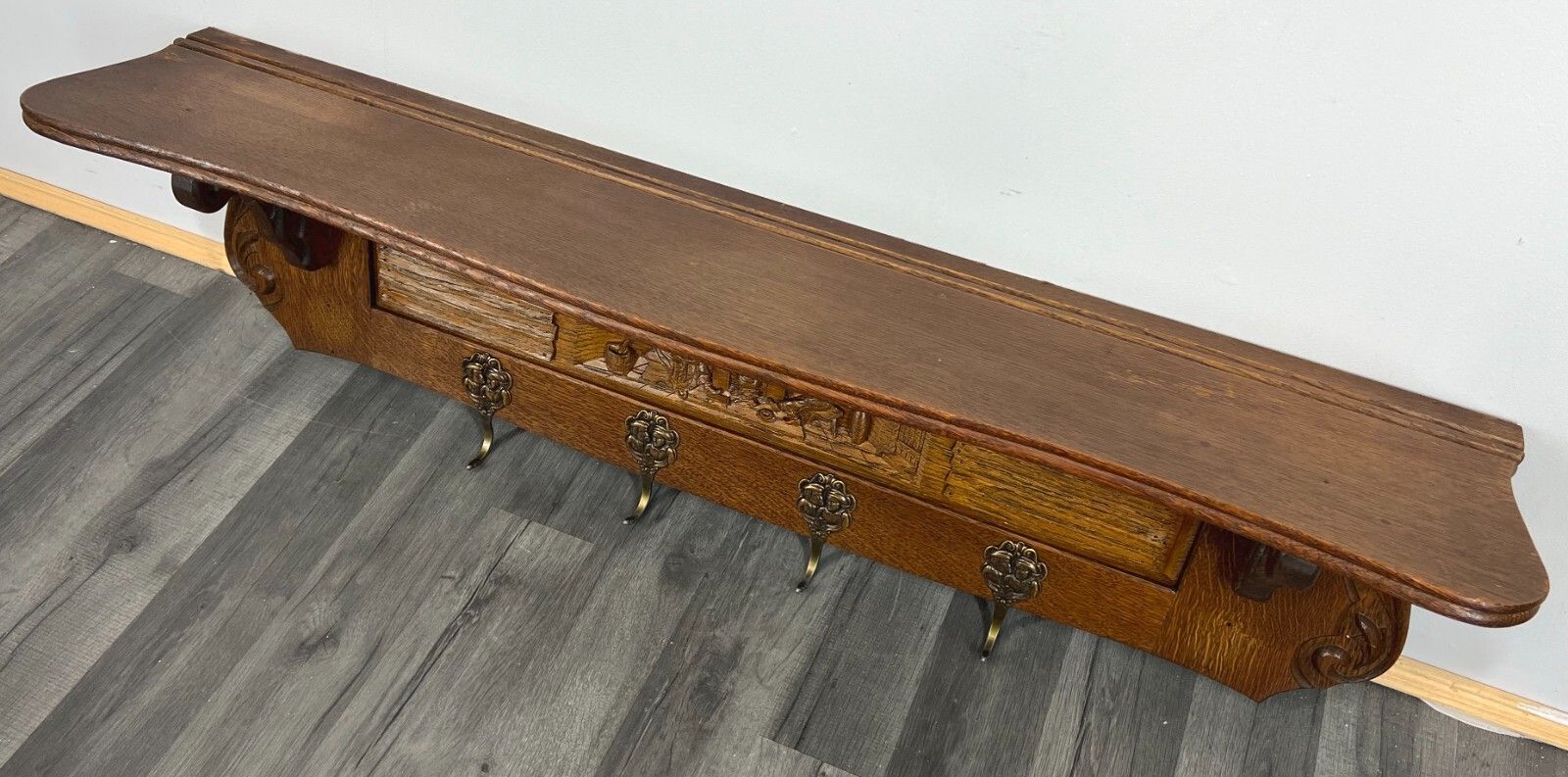Coat Rack Antique French Carved Oak Wall Mounted 4 Hook Rack Hanger Lot 3108 photo vintage