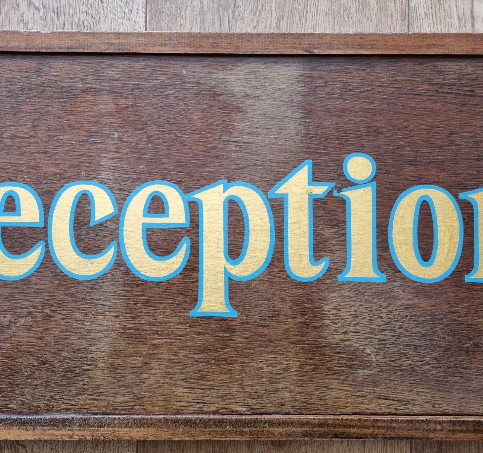 Vintage Oak Reception Sign Hand Painted / Stenciled Gold Blue 66cm X 29cm photo for sale