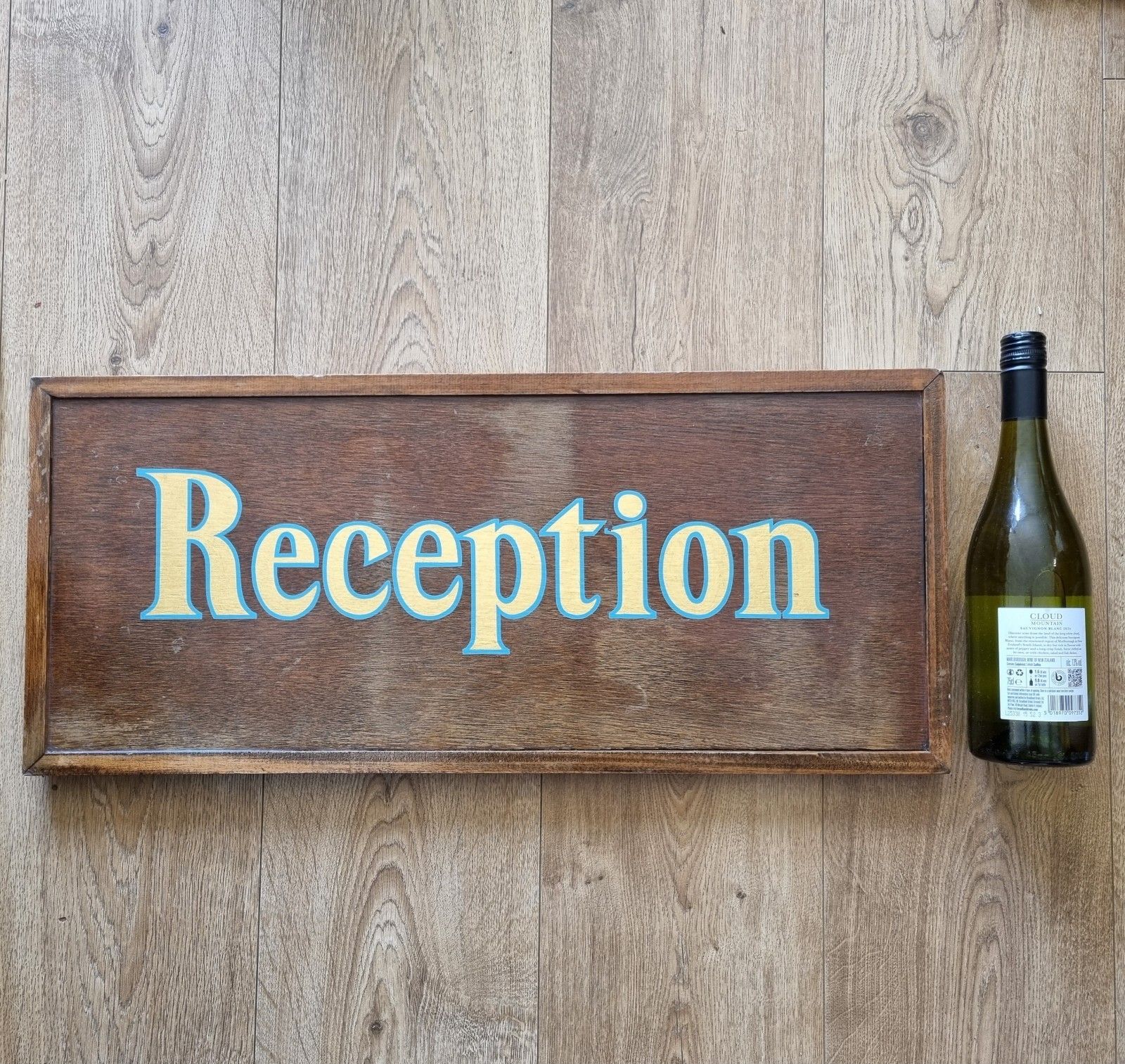 83.0 Vintage Oak Reception Sign Hand Painted / Stenciled Gold Blue 66cm X 29cm photo
