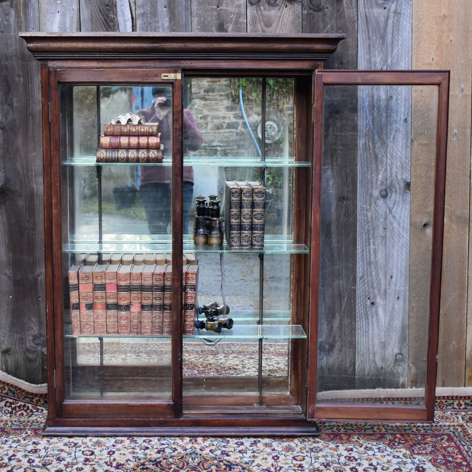 Antique Mahogany Museum Shop Glazed Display Kitchen Pantry Mirrored Cabinet photo for sale