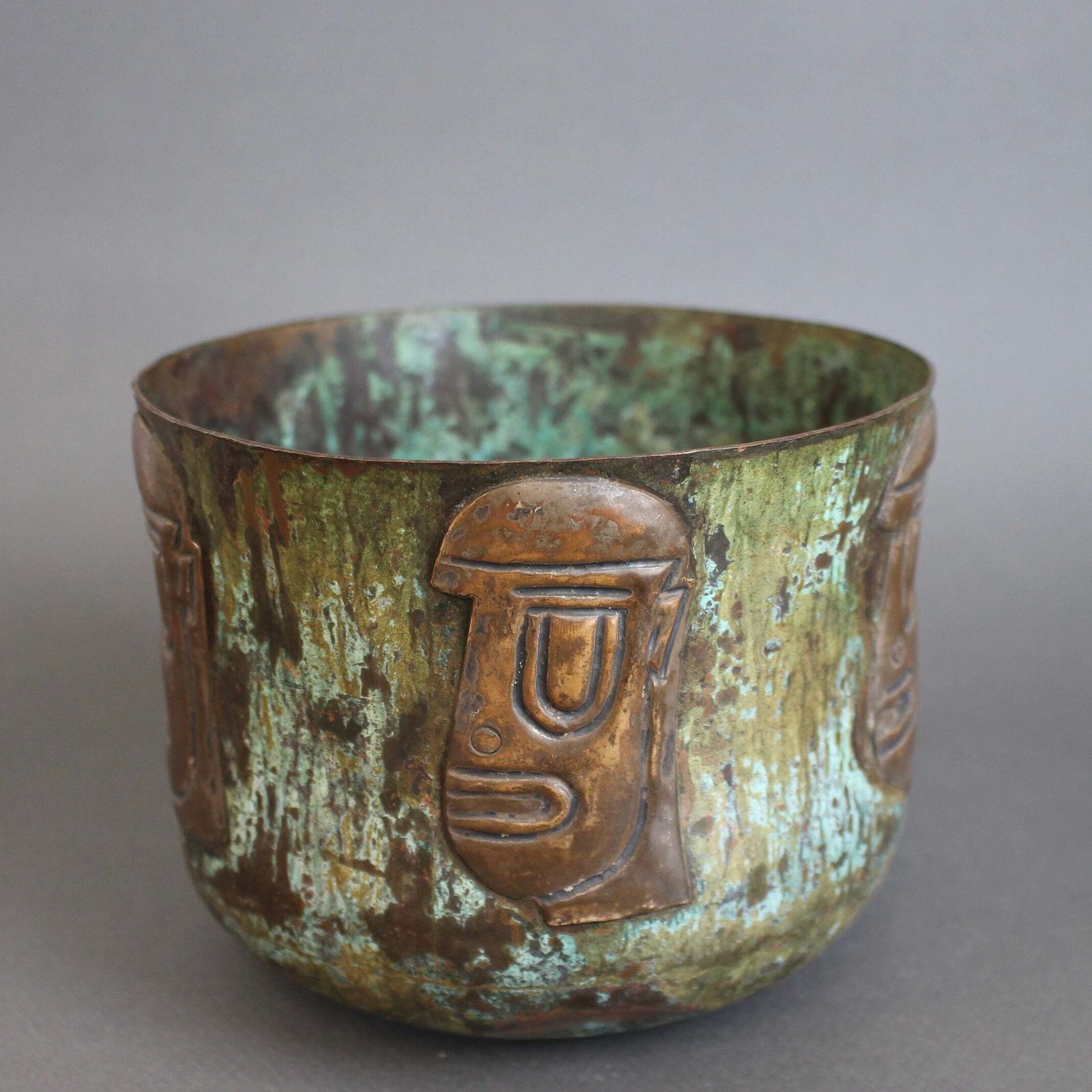 Hammered Copper Cachepot With Ancestral Face Frieze By Graziella Laffi photo furniture