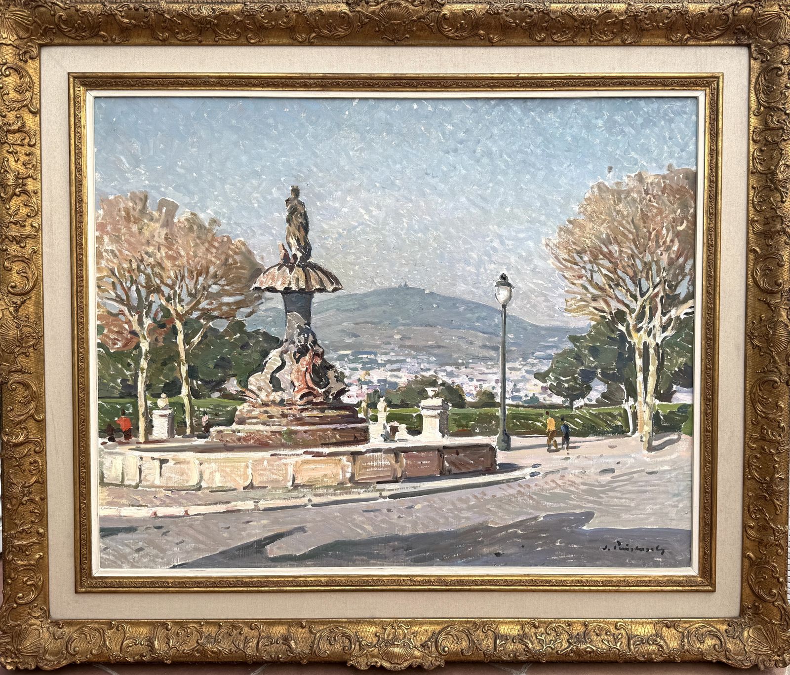 Josep Puigdengolas Barcelona Montjuic Park Fontein Stadsgezicht Catalaans Post-Impressionistisch Olieverf Doek jaren 1970