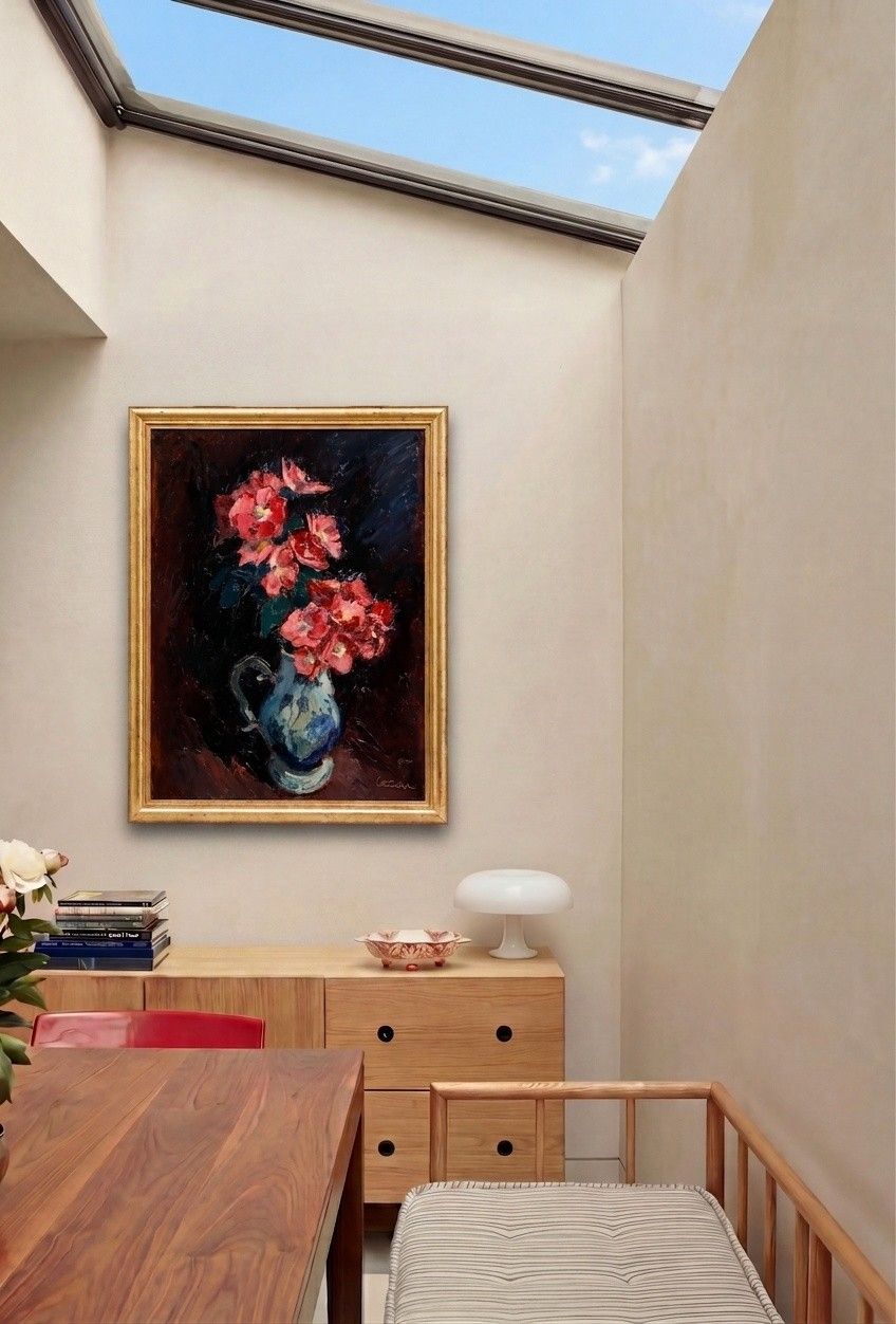 Framed 20th Century Oil Pink Flowers In A Jug photo for sale