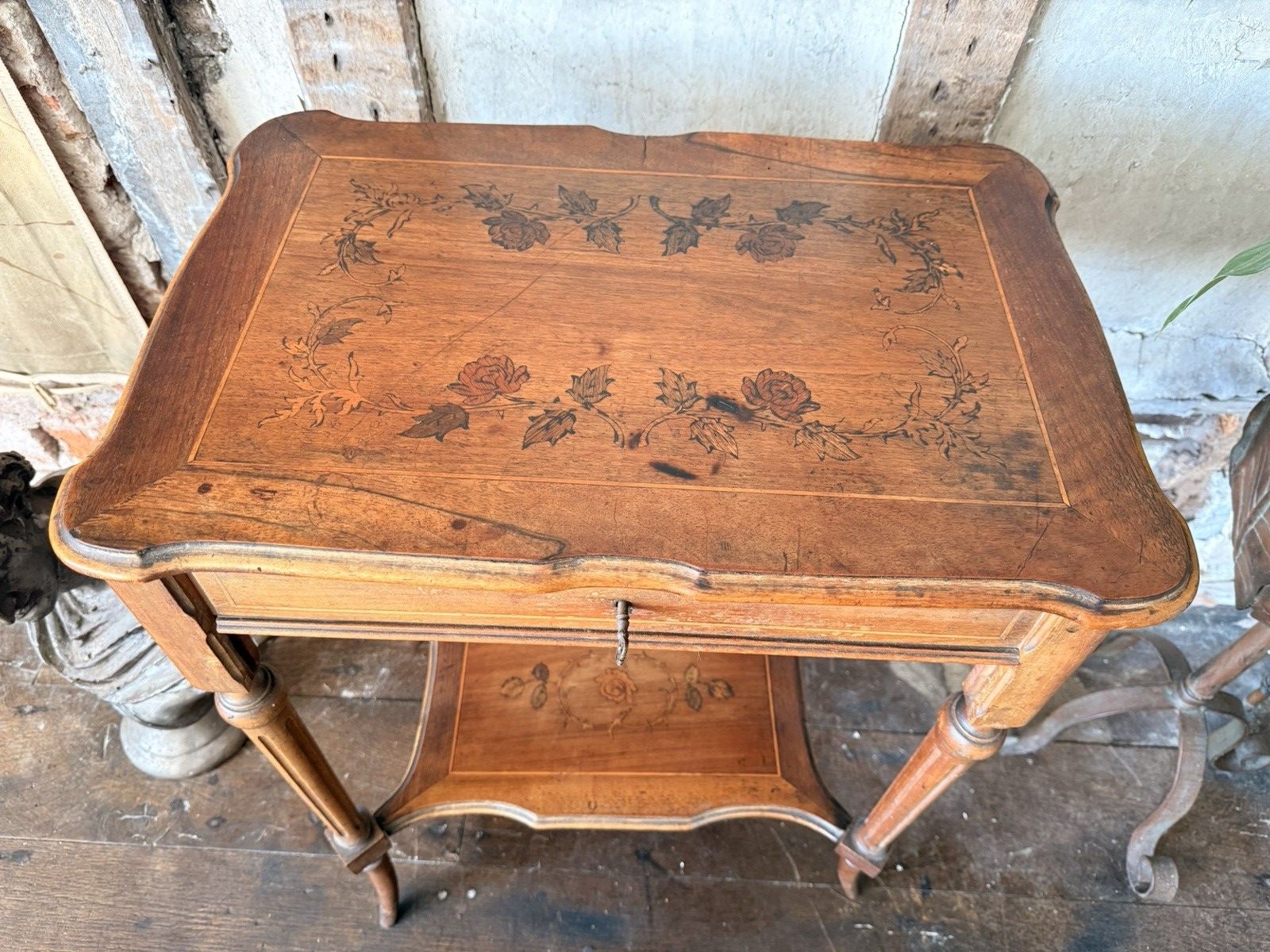 449.0 Antique French Inlaid Marquetry Mirror Dressing Table Side Table photo