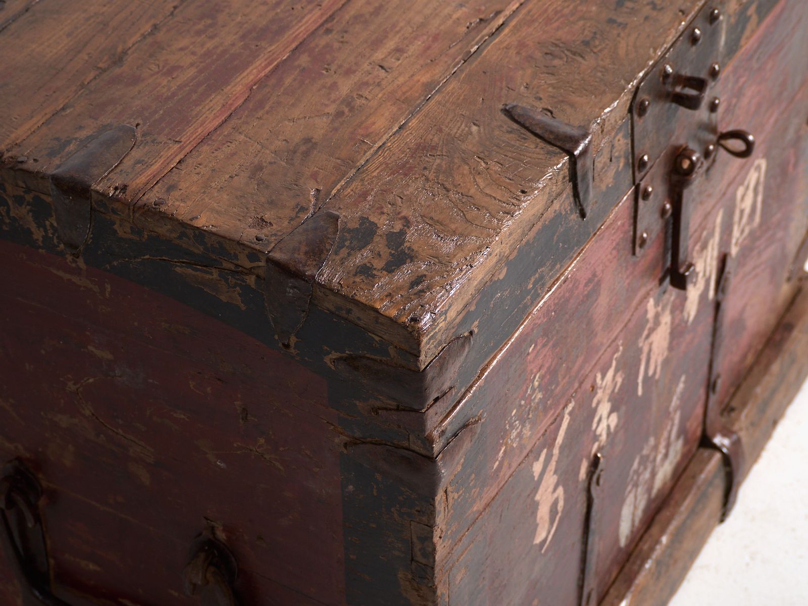 Antique Iron Reinforced Trunk In Pine Wood – China, Circa 1900 photo for sale