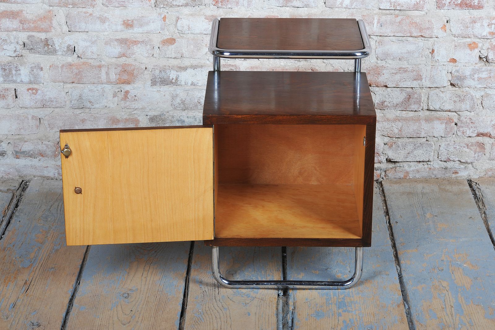 Pair Of Restored Bauhaus Bedside Tables, Beech, Maple, Chrome, Czech, 1930s photo Furniture