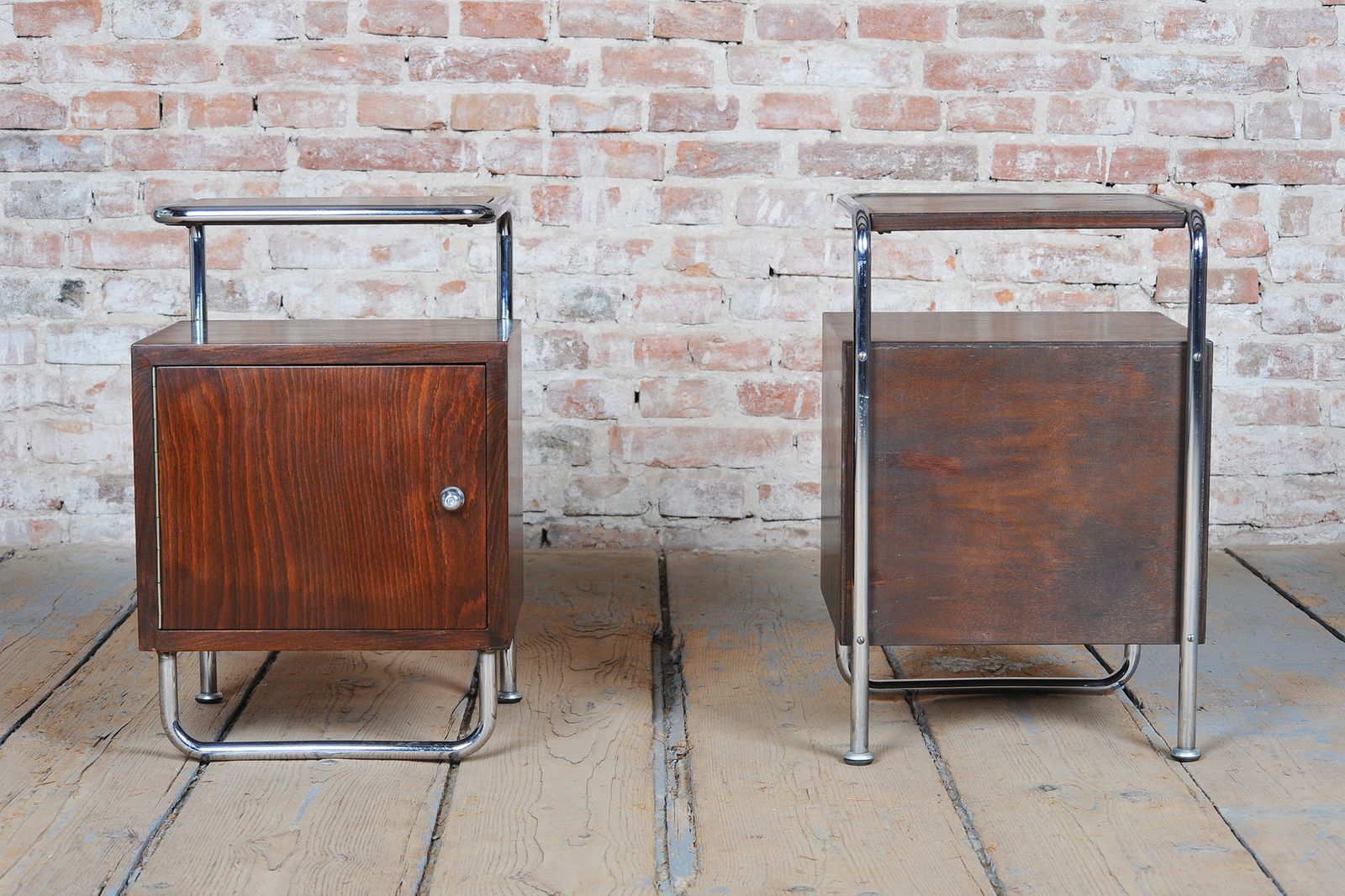 photo for sale Pair Of Restored Bauhaus Bedside Tables, Beech, Maple, Chrome, Czech, 1930s