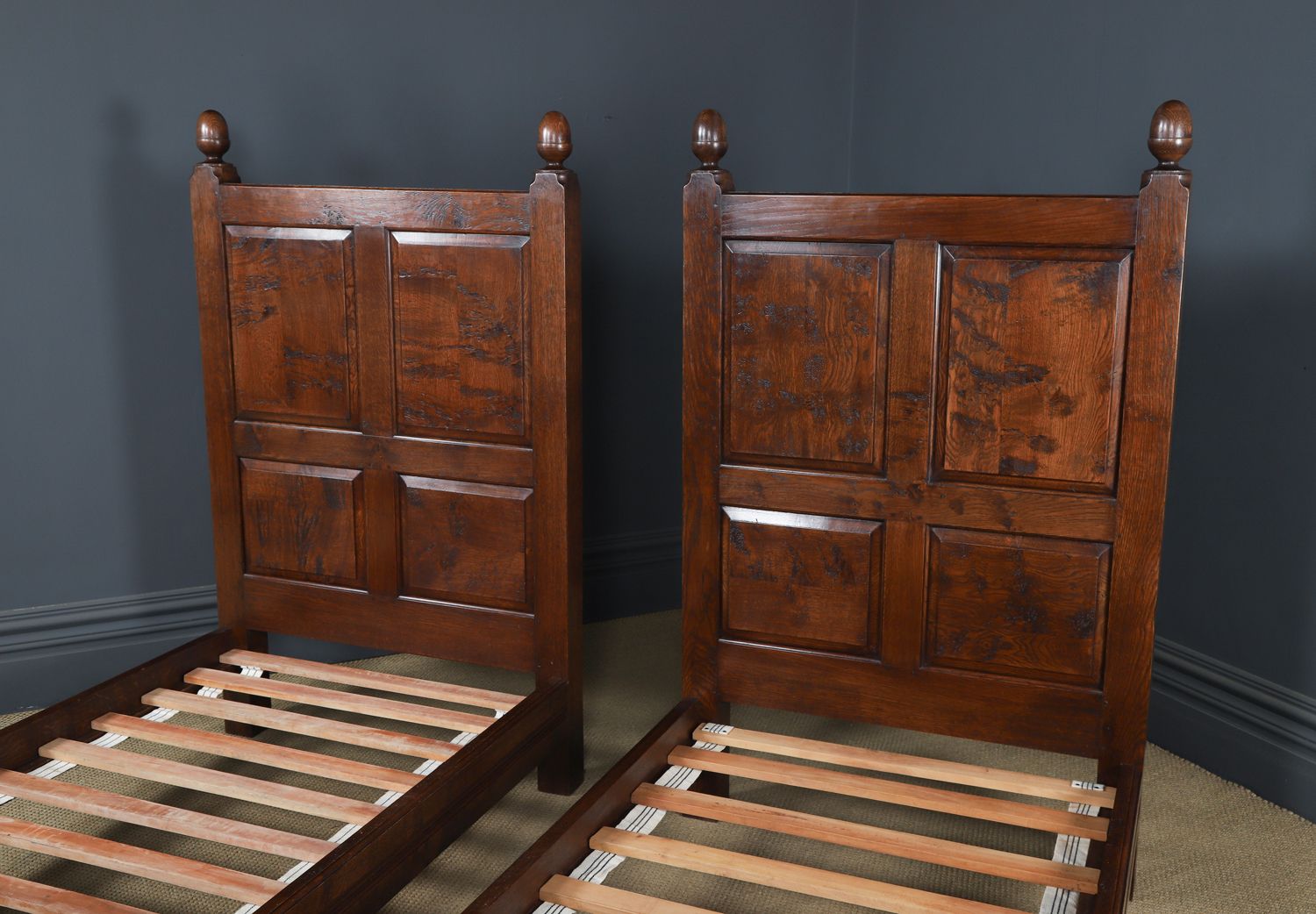 English 17th Century Style Pair Of Figured Oak 3ft Single Beds (Circa 1980) photo vintage