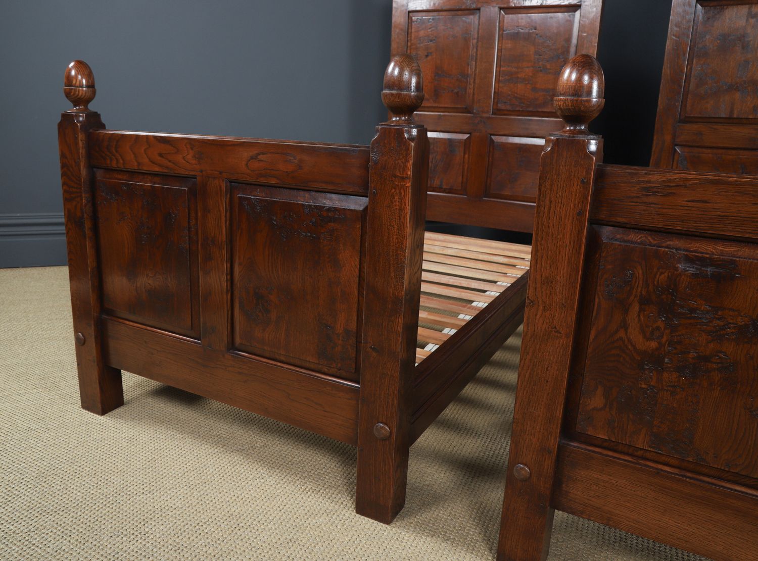 Furniture English 17th Century Style Pair Of Figured Oak 3ft Single Beds (Circa 1980) photo