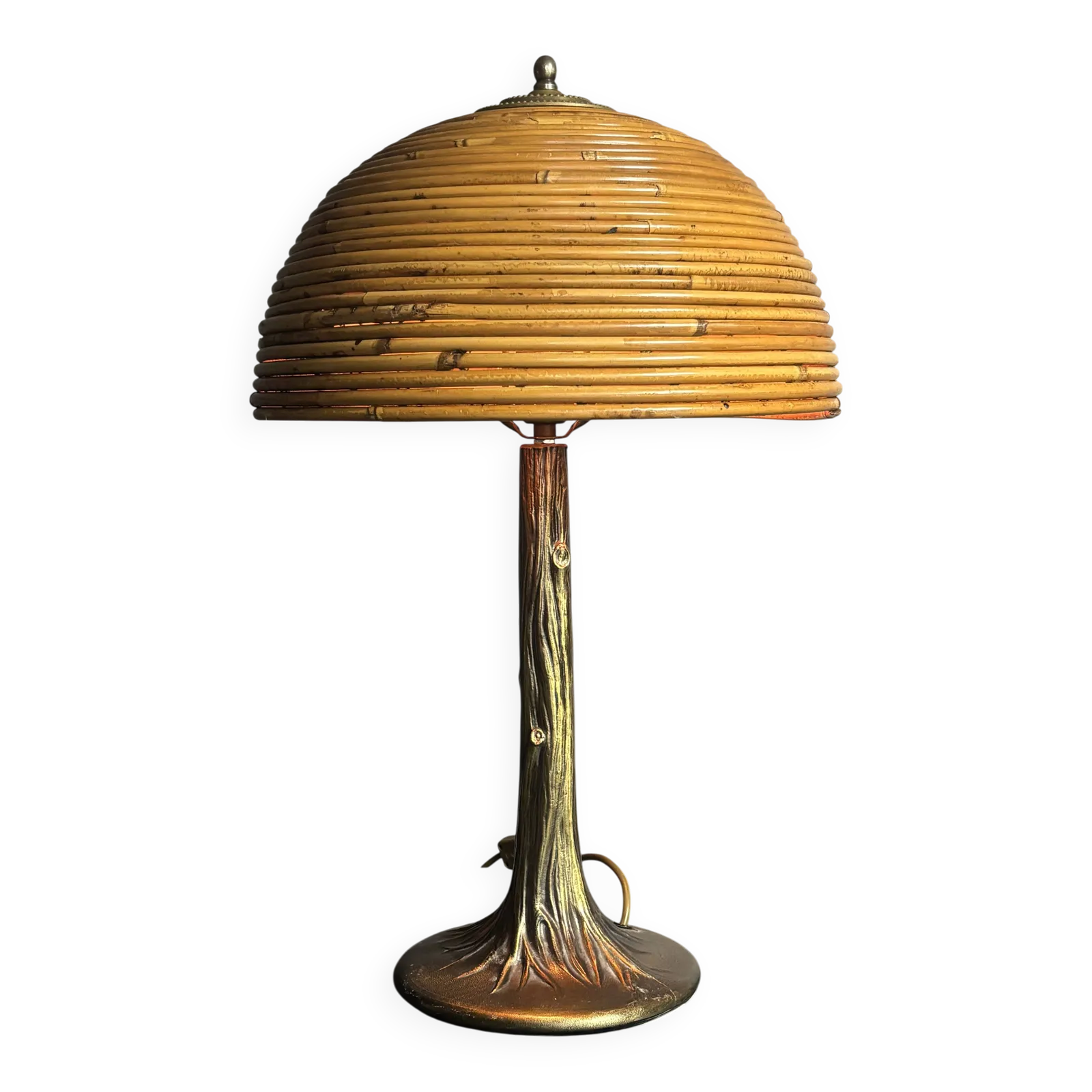 Lampe de table mid-century en rotin, bambou et laiton, années 1970